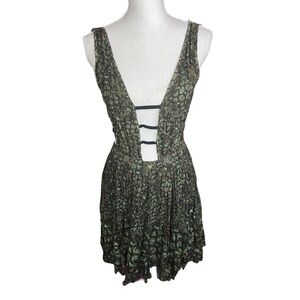 Free People Green Plunging Neckline Fit And Flare Mini Dress